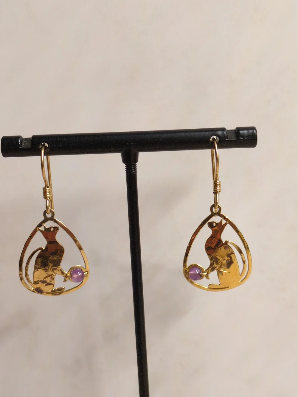 Gold Cat Drop Earrings with Purple Stone Accent